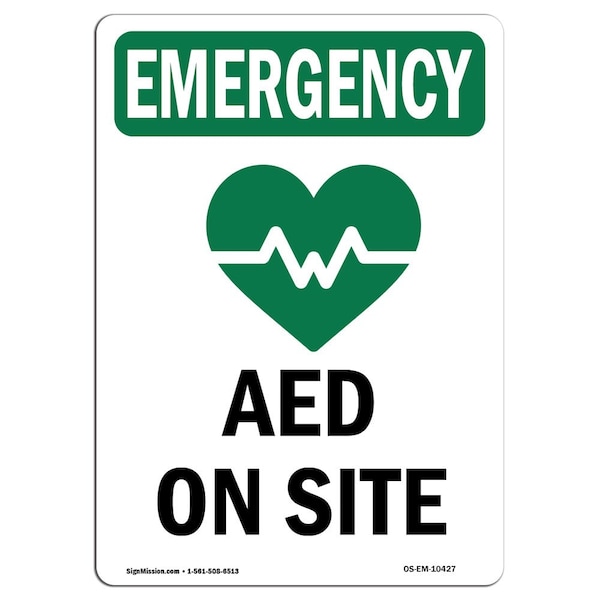 Safety Sign, OSHA EMERGENCY, 5" Height, Aed On Site, Portrait, 10PK